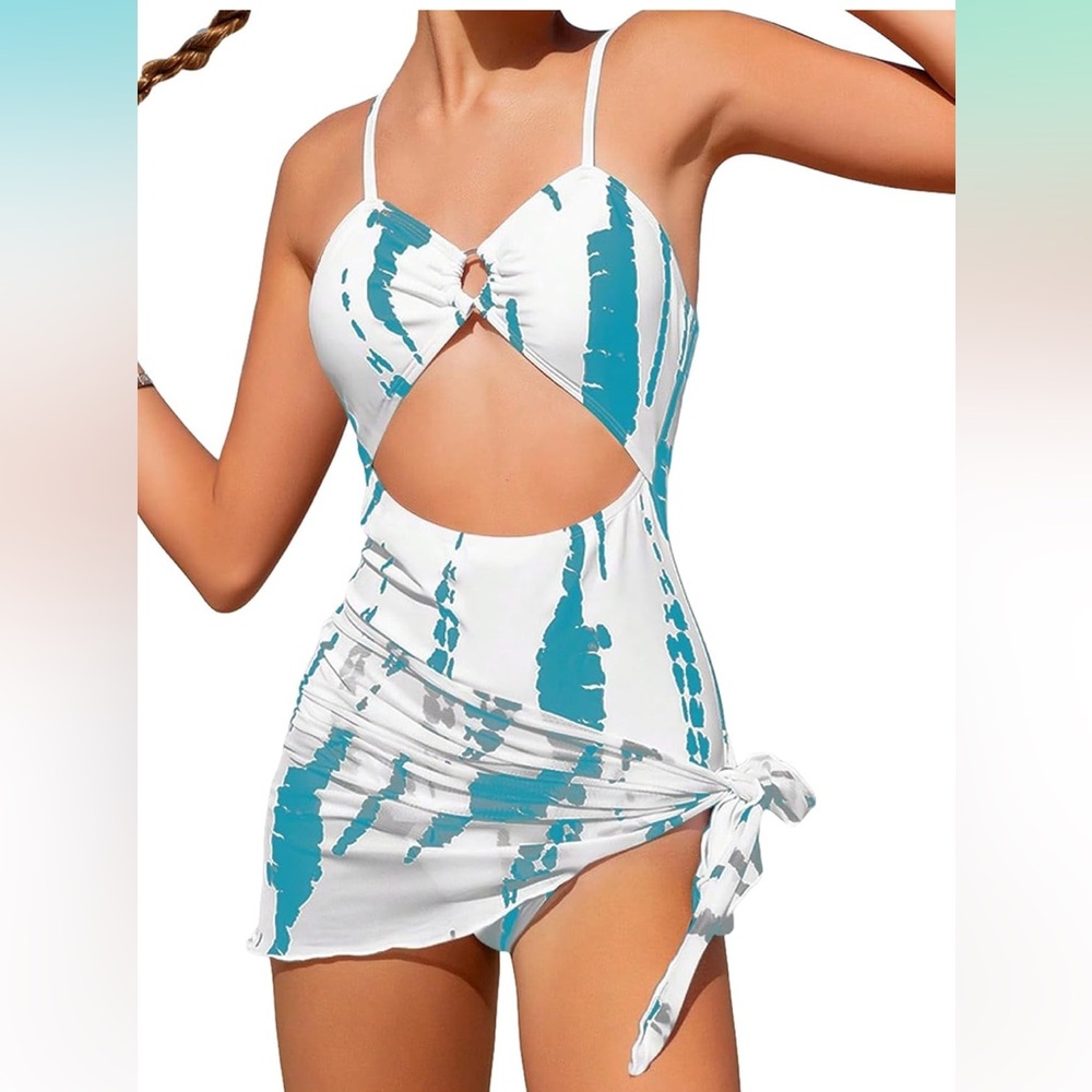 🚘Stylish Kids Swim suit with cute out Blue and White with knot side beach skirt